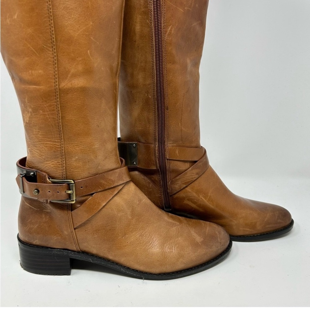 Vince Camuto Jaran Camel Tan Leather Knee High Riding Boots Size 7.5 Buckle